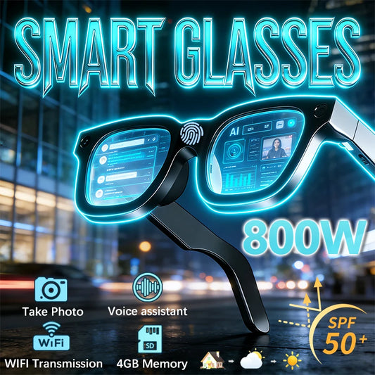 Black AI smart glasses with photochromic lenses, HD camera, touch interface, Bluetooth call, music, and translation features.