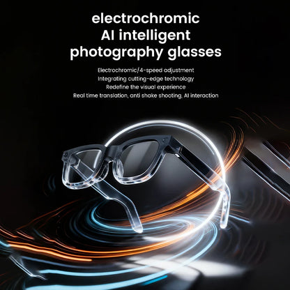 Black AI smart glasses with photochromic lenses, HD camera, touch controls, and Bluetooth for calls, music, translation, and photo recording.
