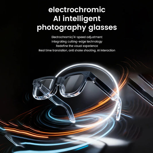 Black AI smart glasses with photochromic lenses, HD camera, touch controls, and Bluetooth for calls, music, translation, and photo recording.