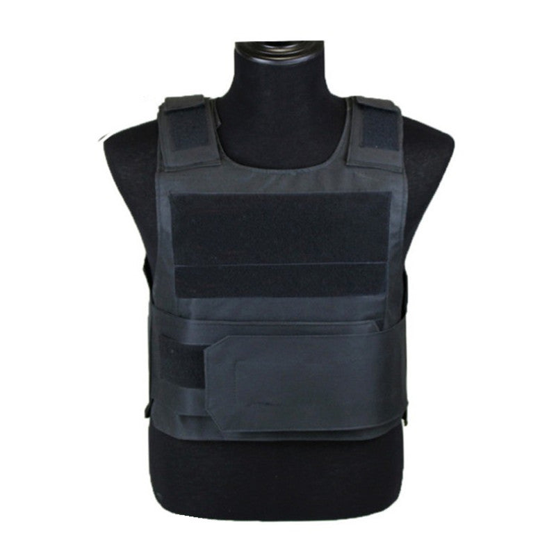 Black tactical outdoor vest by BACKUPMYFILESNOW.COM®, featuring multiple pockets and adjustable straps for outdoor activities.