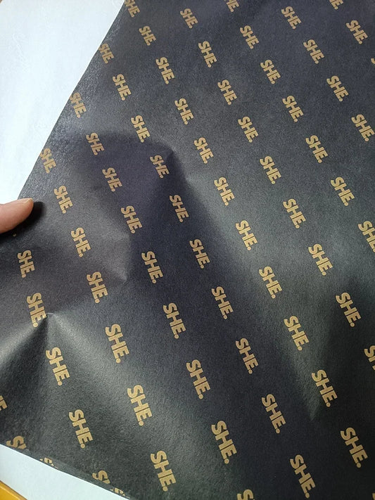 Custom branded tissue paper with logo for gift wrapping and packaging, featuring personalized silk paper design.