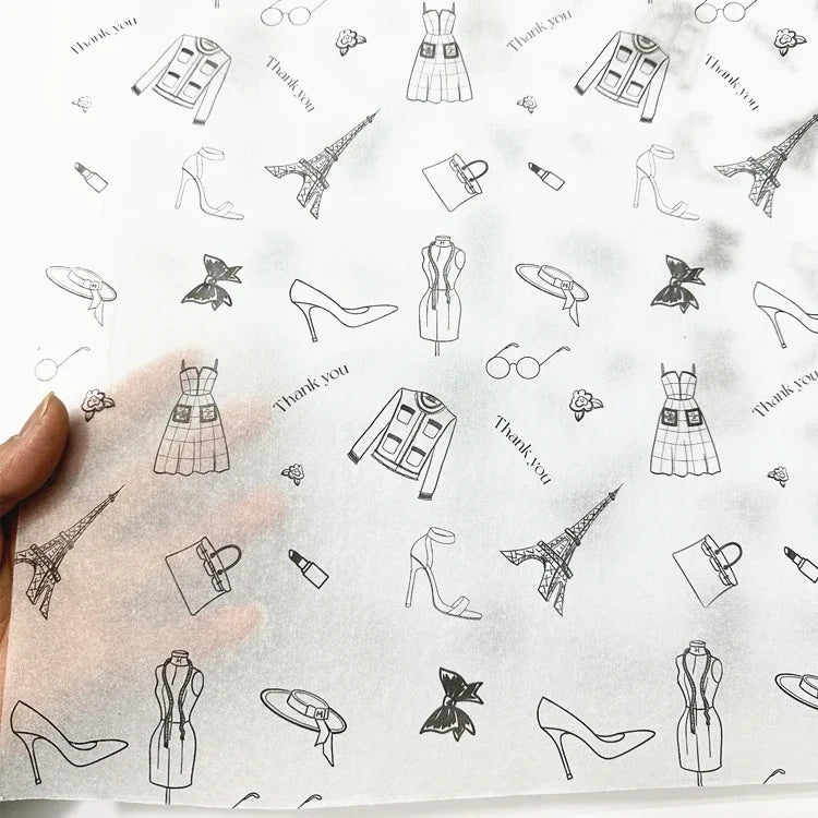 Black custom tissue paper with logo, ideal for gift wrapping and branded packaging, 50x70cm, 250 sheets.