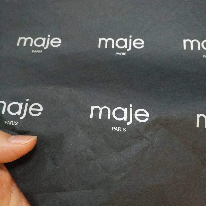 Black custom tissue paper with logo for gift wrapping and packaging, 50x70cm, 250 sheets, personalized branded silk paper.