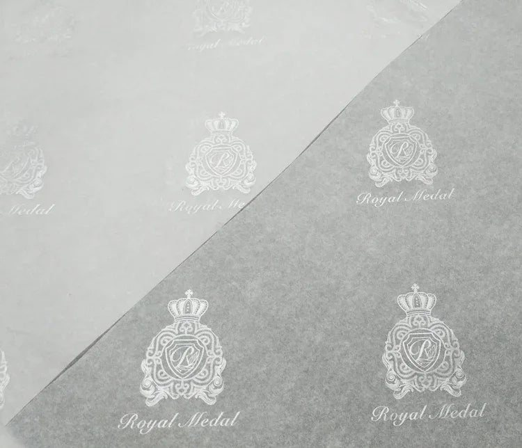 Black custom tissue paper with printed logo, 50x70cm, suitable for gift wrapping and personalized packaging, 250 sheets.