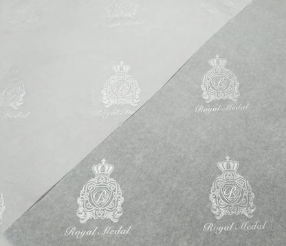 Black custom tissue paper with printed logo, 50x70cm, suitable for gift wrapping and personalized packaging, 250 sheets.