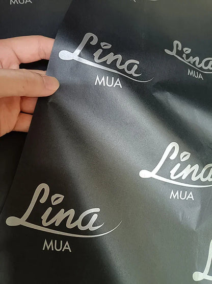 Black custom tissue paper with logo, 50x70cm, used for gift wrapping and personalized packaging, 250 sheets.