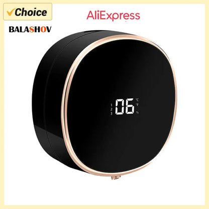 Black touchless automatic hand washer with infrared sensor, foam soap dispenser, and digital temperature display.