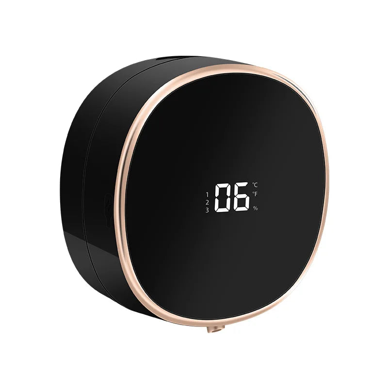 Black touchless automatic hand washer sensor soap dispenser with infrared sensor, foam liquid soap, and digital temperature display.