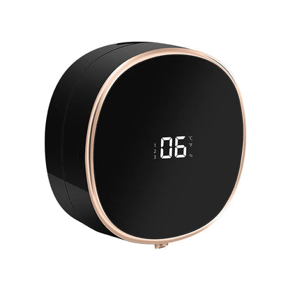 Black touchless automatic hand washer sensor soap dispenser with infrared sensor, foam liquid soap, and digital temperature display.