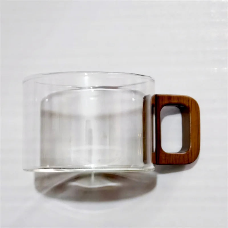 Black 200ml Fresh Ground Latte glass coffee mug with wooden tray and spoon, heat-resistant breakfast mug for milk tea or American coffee