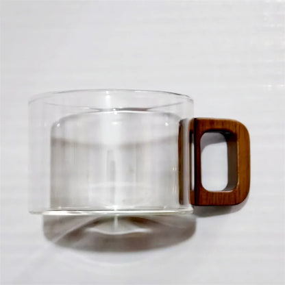Black 200ml Fresh Ground Latte glass coffee mug with wooden tray and spoon, heat-resistant breakfast mug for milk tea or American coffee