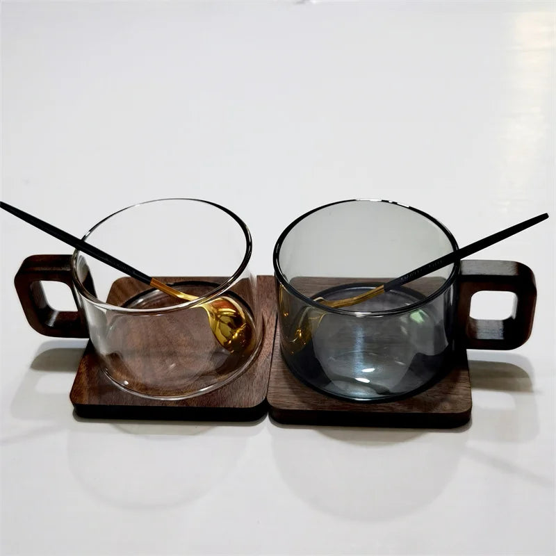 200ml Fresh Ground Latte glass coffee mug with wooden tray and spoon, heat-resistant breakfast mug for milk, tea, or American coffee