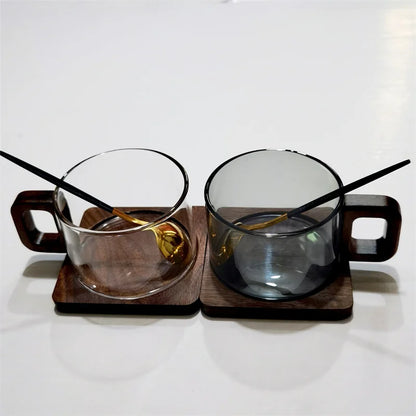 200ml Fresh Ground Latte glass coffee mug with wooden tray and spoon, heat-resistant breakfast mug for milk, tea, or American coffee