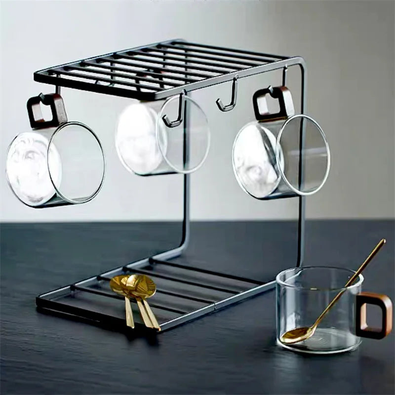 200ml glass latte coffee mug with wooden tray and spoon, heat-resistant breakfast mug for milk tea or American coffee.