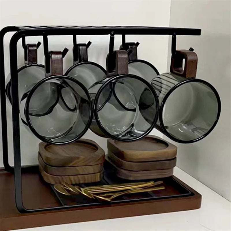 200ml glass latte mug with wooden tray and spoon, heat-resistant coffee cup for breakfast, milk, or tea.