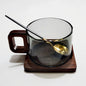 200ml Fresh Ground Latte glass coffee mug with wooden tray and spoon, heat-resistant breakfast milk tea cup, American coffee style.