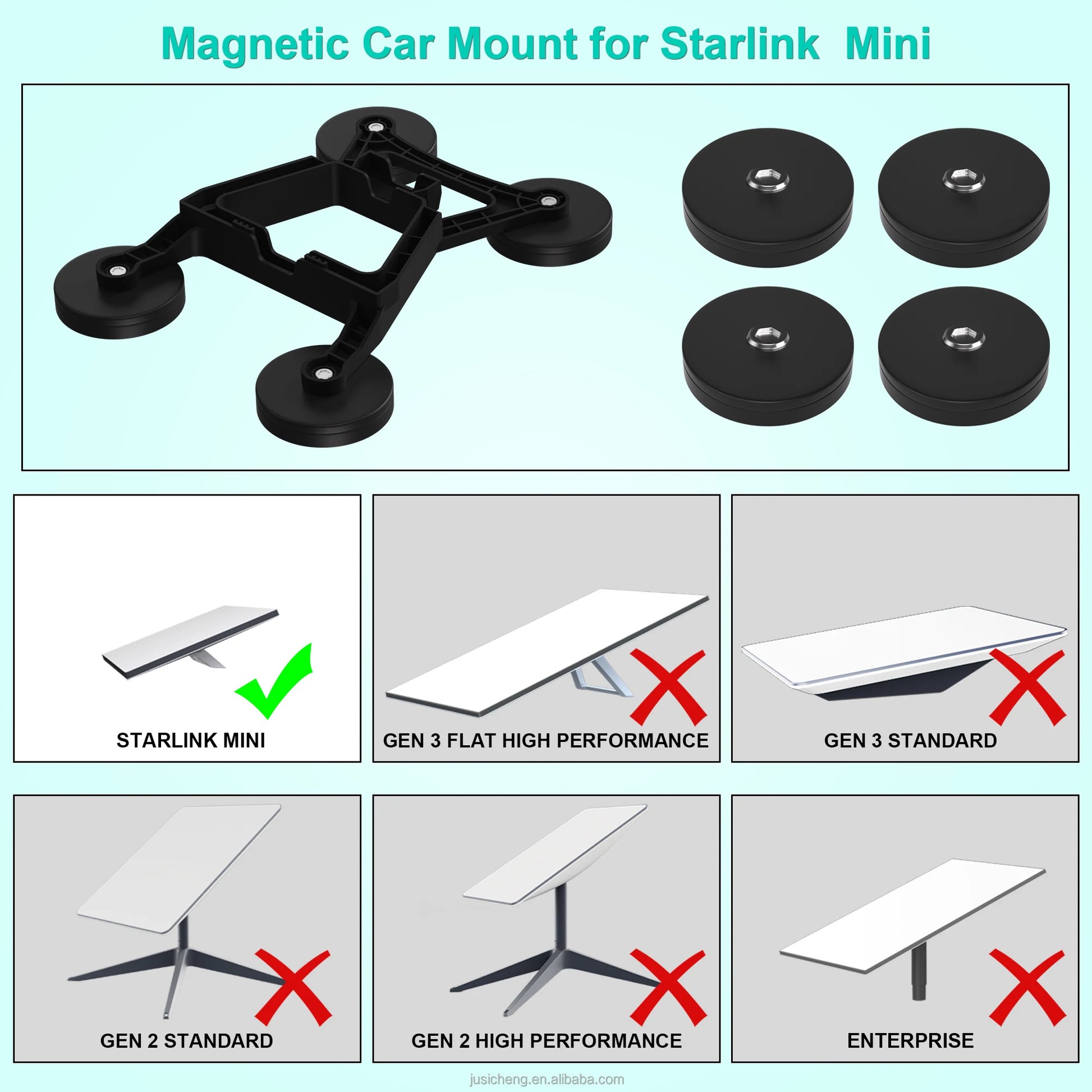 Black flat magnetic car mount for Starlink Mini Dish, part of the Starlink Flat Mini mounting kit, with magnets for easy vehicle installation.