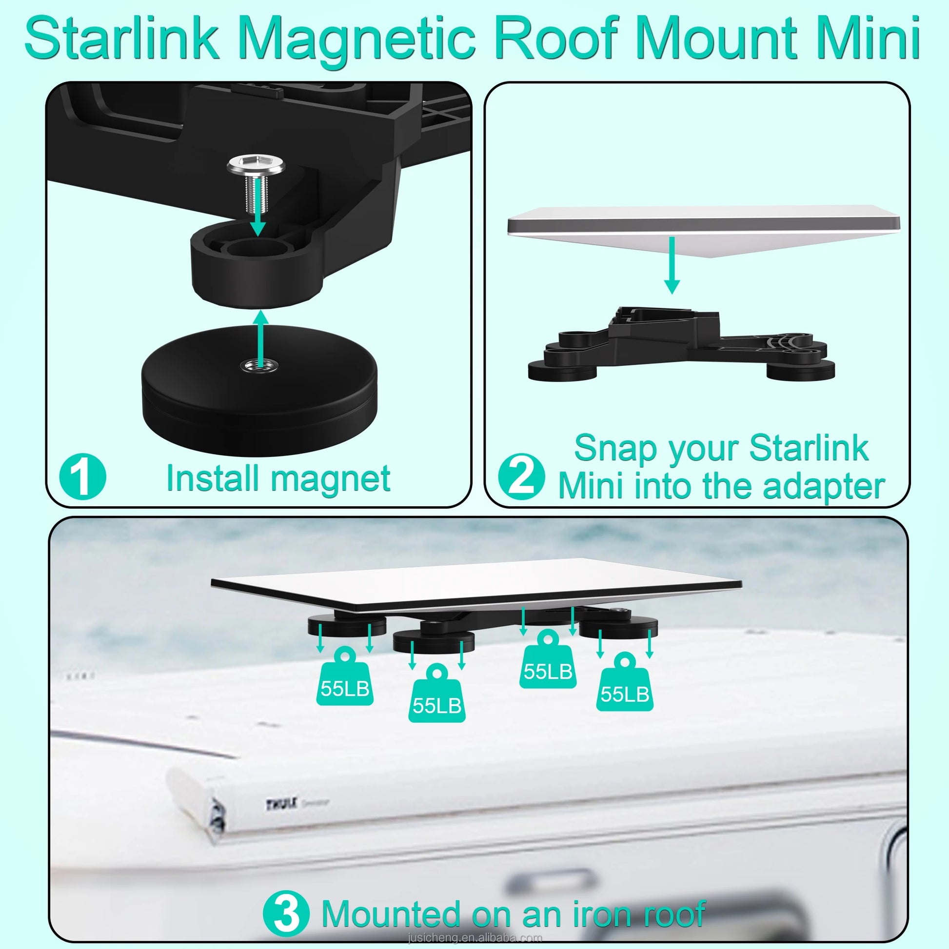 Black flat magnetic car mount for Starlink Mini Dish, designed for secure vehicle mounting with magnetic attachment.