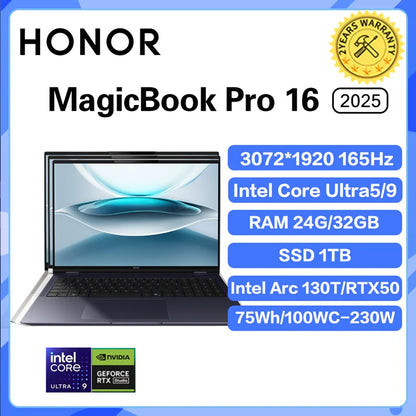 2025 Honor MagicBook Pro 16 laptop in black with 32GB RAM, 1TB storage, 165Hz display, ultrabook design, gaming and multitasking features