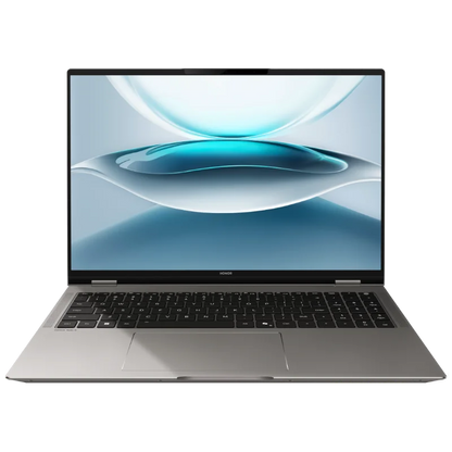 Honor MagicBook Pro 16 laptop in black showing keyboard and display, featuring 32GB RAM, 1TB storage, 3.1K display, and 165Hz refresh rate.