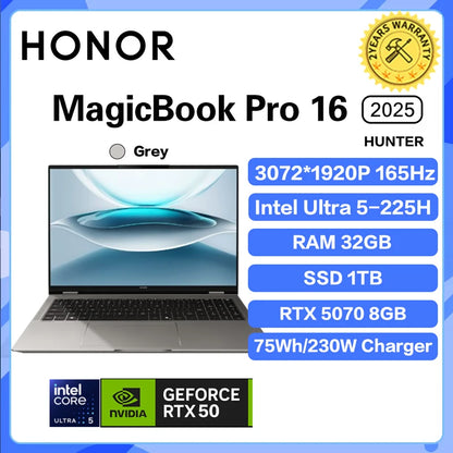 Black Honor MagicBook Pro 16 laptop with 32GB RAM, 1TB SSD, 3.1K display, 165Hz refresh rate, ultrabook design, gaming capabilities.