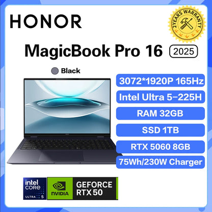 Black Honor MagicBook Pro 16 laptop with 32GB RAM, 1TB storage, 3.1K display, and 165Hz refresh rate, shown from side angle.