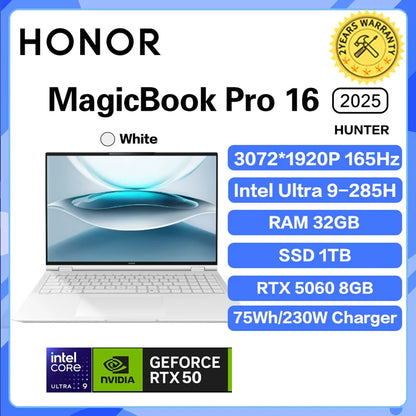 Black Honor MagicBook Pro 16 laptop with 32GB RAM, 1TB storage, 3.1K display, and 165Hz refresh rate, designed for gaming and productivity.