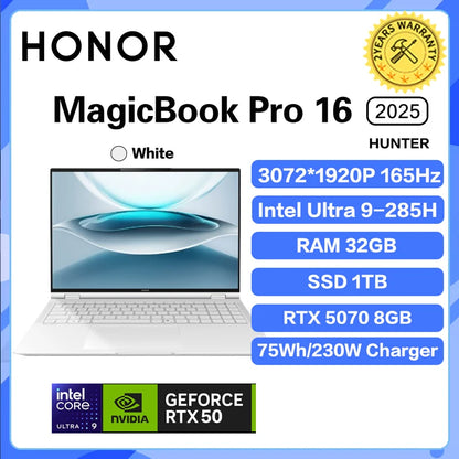 Black Honor MagicBook Pro 16 laptop with 32GB RAM, 1TB storage, 3.1K display, and 165Hz refresh rate, ultrabook gaming notebook.