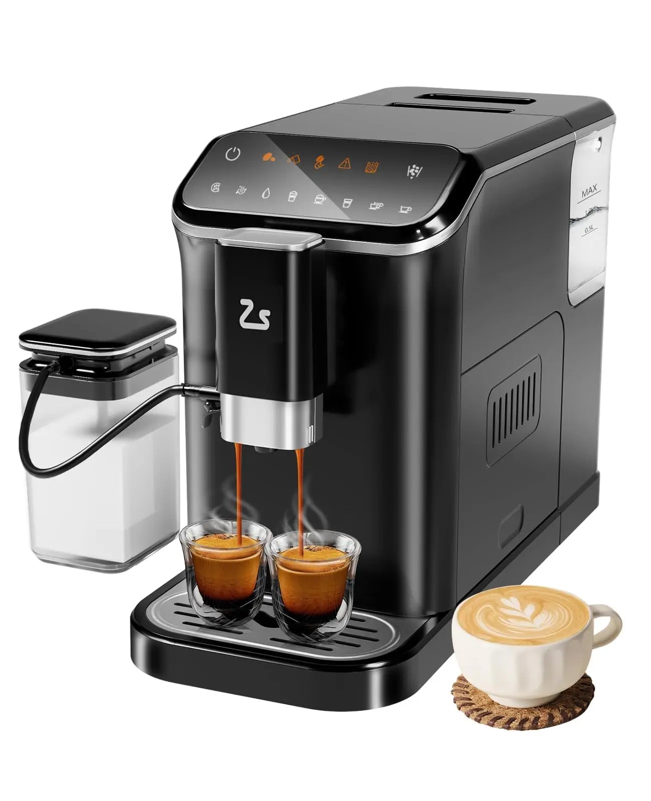 Black 20-Bar Espresso Maker with built-in bean grinder, milk frother, and 1.5L water tank for professional coffee brewing.
