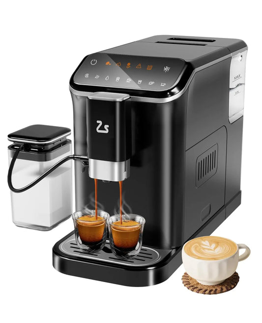 Black 20-Bar Espresso Maker with built-in bean grinder, milk frother, and 1.5L water tank for professional coffee brewing.