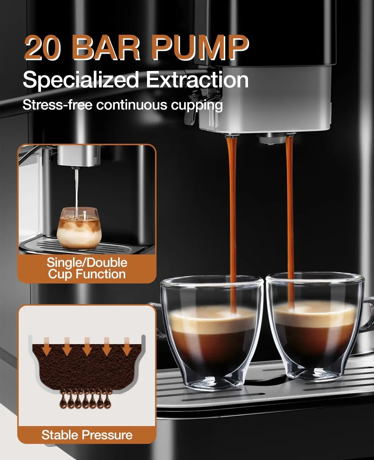 Black 20-bar espresso maker with built-in bean grinder, milk frother, and 1.5L water tank for professional coffee brewing.