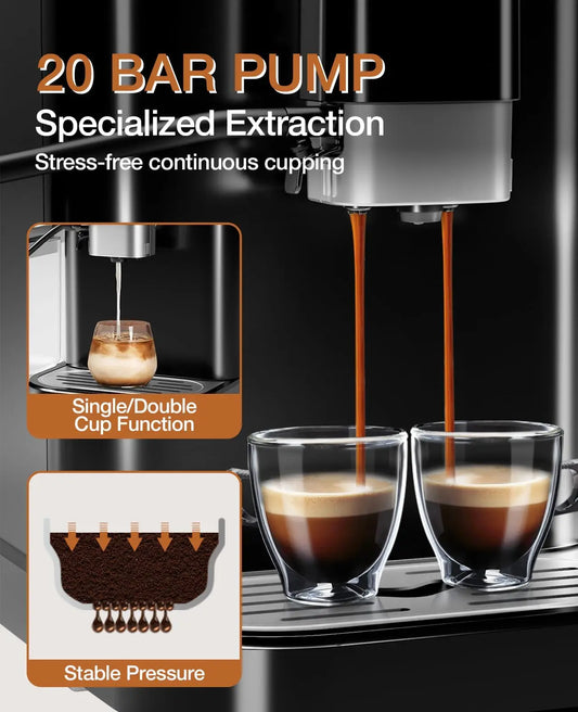 Black 20-bar espresso maker with built-in bean grinder, milk frother, and 1.5L water tank for professional coffee brewing.