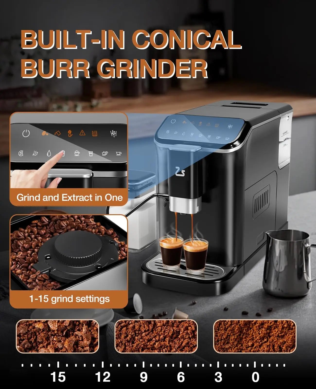 Black 20-Bar Espresso Maker with built-in bean grinder, milk frother, and 1.5L water tank, ideal for coffee lovers.