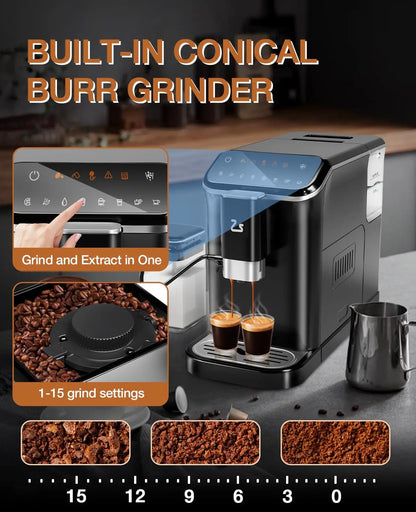 Black 20-Bar Espresso Maker with built-in bean grinder, milk frother, and 1.5L water tank, ideal for coffee lovers.