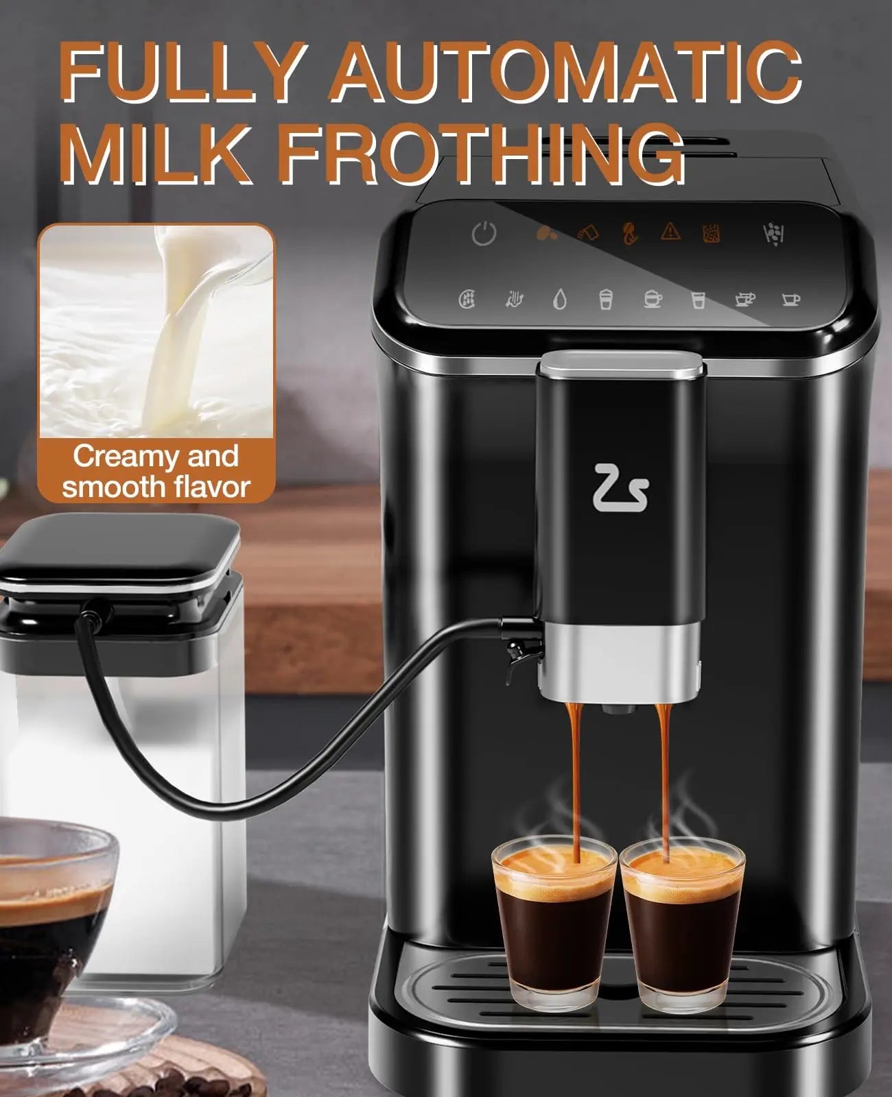 Black 20-Bar Espresso Maker with built-in bean grinder, milk frother, and 1.5L water tank for professional coffee brewing.