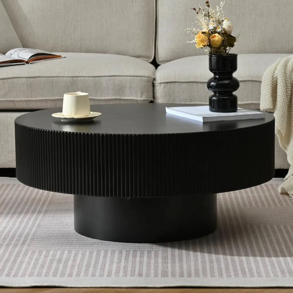 Black 31-inch round modern coffee table with sturdy base, wood top, suitable for living or reception room, easy to assemble.
