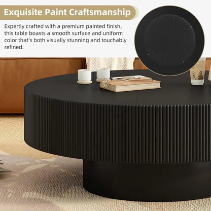 Modern 31-inch round coffee table with sturdy base, wood top, suitable for living room or reception area, easy to assemble.