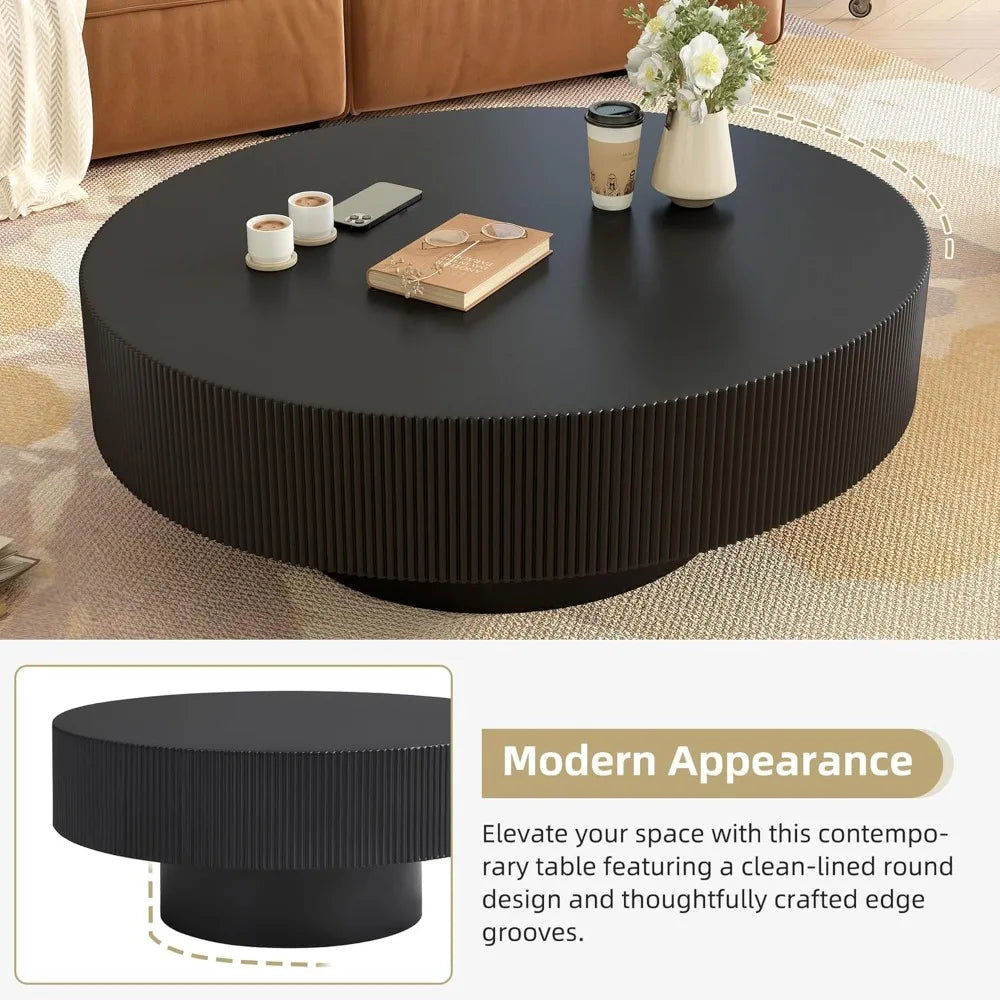 Black 31-inch modern round coffee table with sturdy base, wood top, ideal for living room or reception space, easy to assemble.