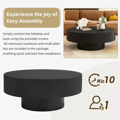 Black 31-inch round modern coffee table with sturdy base, wood top, ideal for living room or reception area, easy to assemble.