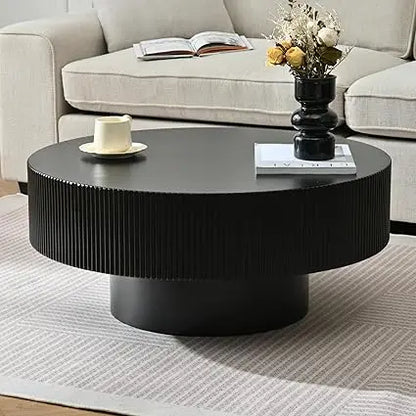 Black 31-inch round modern coffee table with sturdy base, wood top, ideal for living room or reception area, easy to assemble.