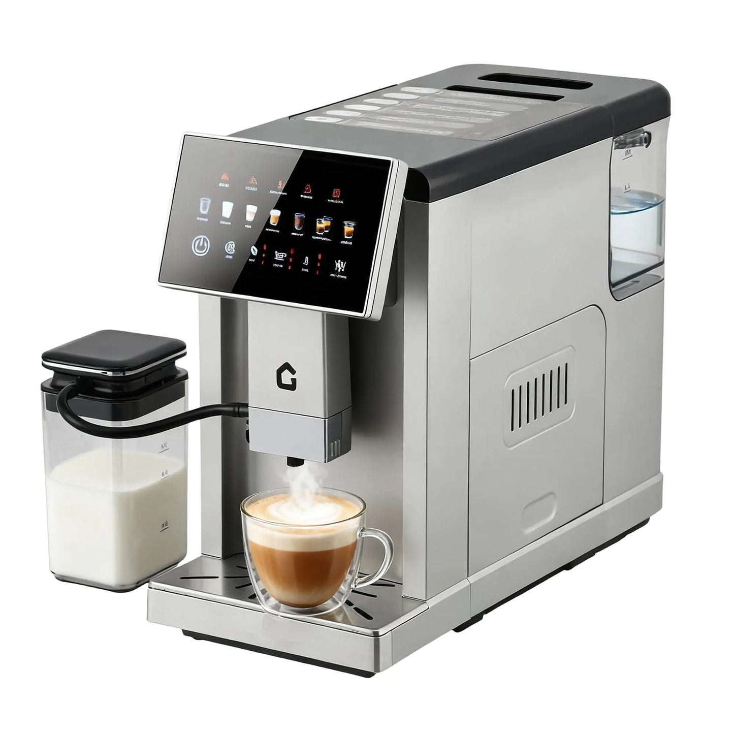 Black 3rd-Gen automatic espresso machine with milk frother, removable brewer and grinder, adjustable flavor and volume, detachable milk tank.