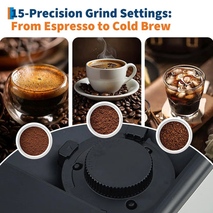 Black 3rd-gen automatic espresso machine with milk frother, removable grinder, adjustable flavor and volume, and detachable milk tank.