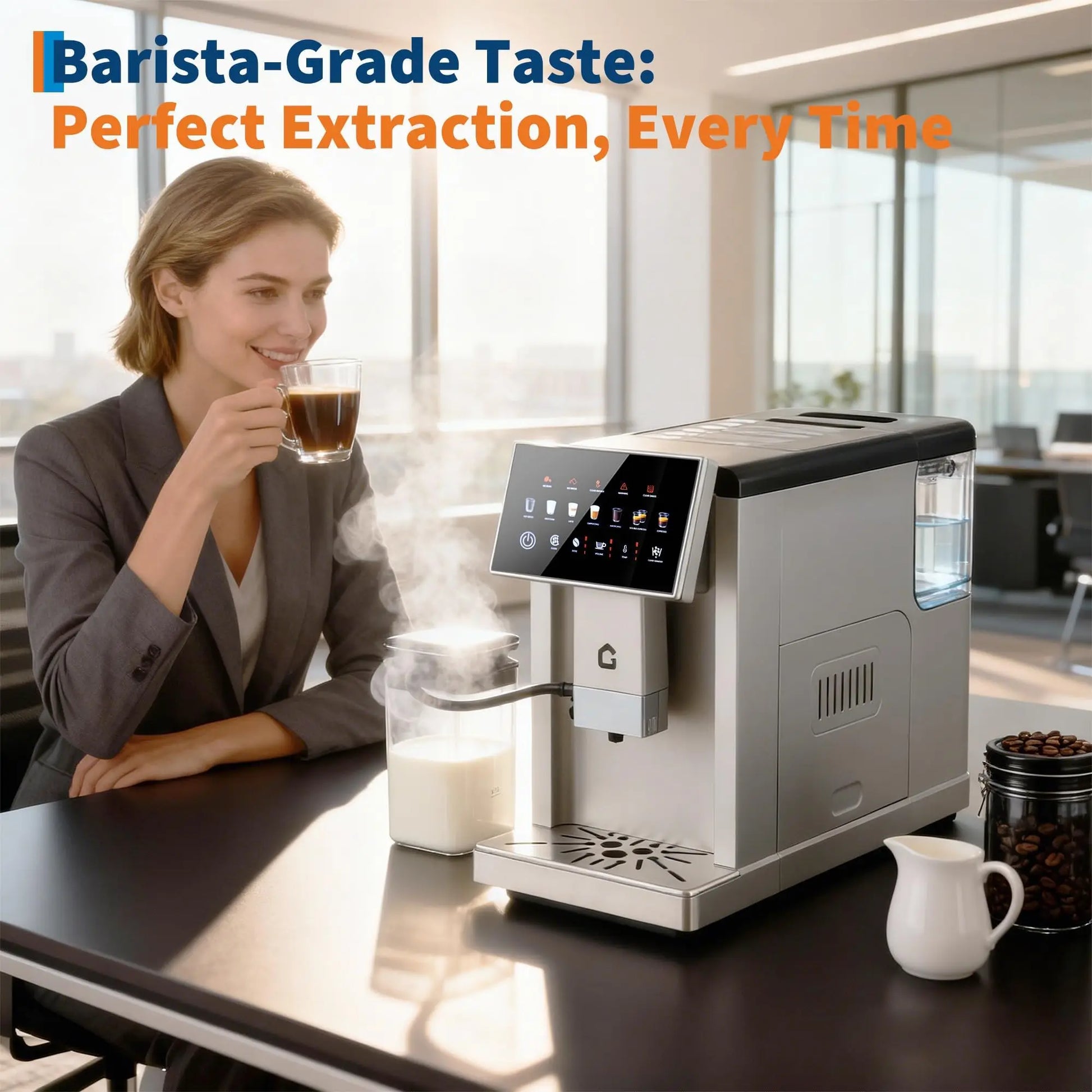 Black 3rd-gen automatic espresso machine with milk frother, removable grinder, detachable milk tank, and adjustable flavor and volume.