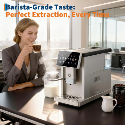 Black 3rd-gen automatic espresso machine with milk frother, removable grinder, detachable milk tank, and adjustable flavor and volume.