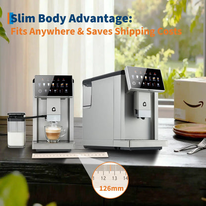 Black 3rd-gen automatic espresso machine with milk frother, removable brewer and grinder, adjustable flavor and volume, detachable milk tank.
