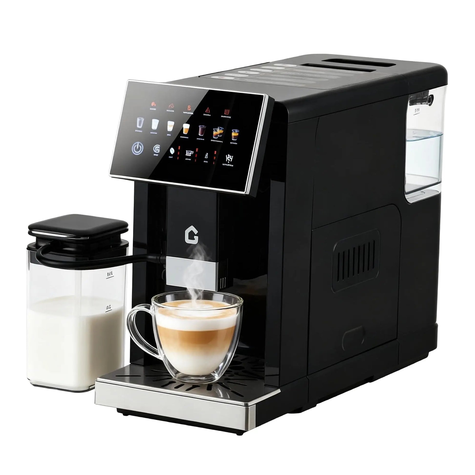 Black 3rd-Gen Automatic Espresso Machine with milk frother, removable brewer, grinder, and detachable milk tank.