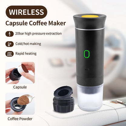 Wireless electric portable espresso coffee machine in black, suitable for car, home, and camping, 3-in-1 capsule and powder brewing.