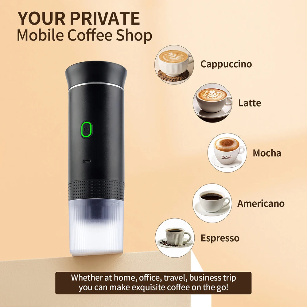 Wireless portable espresso coffee machine by BackupMyFilesNow.com, black, compact 3-in-1 device for car, home, and camping use.