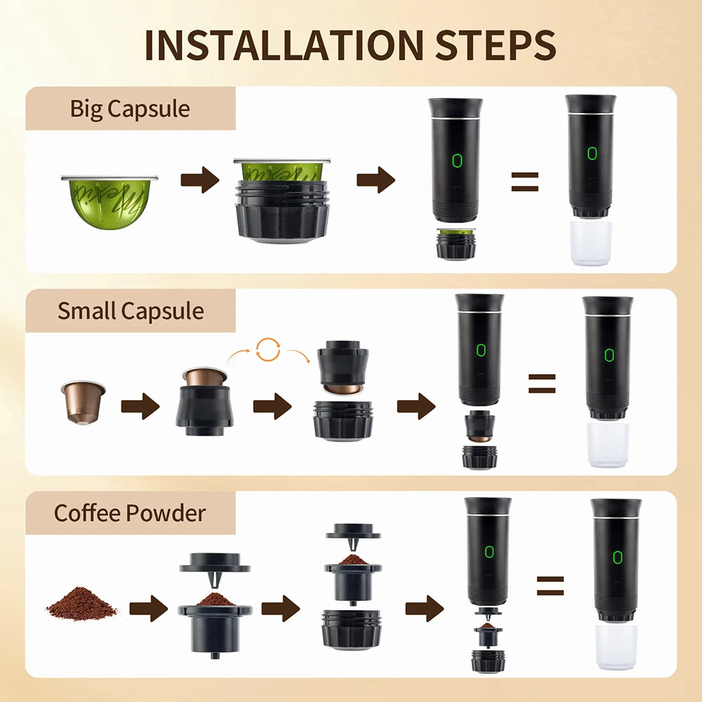 Wireless electric portable espresso coffee machine by BackupMyFilesNow.com, compact 3-in-1 travel coffee maker for car, home, and camping.
