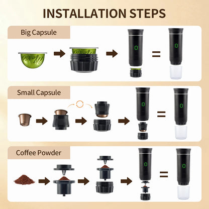 Wireless electric portable espresso coffee machine by BackupMyFilesNow.com, compact 3-in-1 travel coffee maker for car, home, and camping.